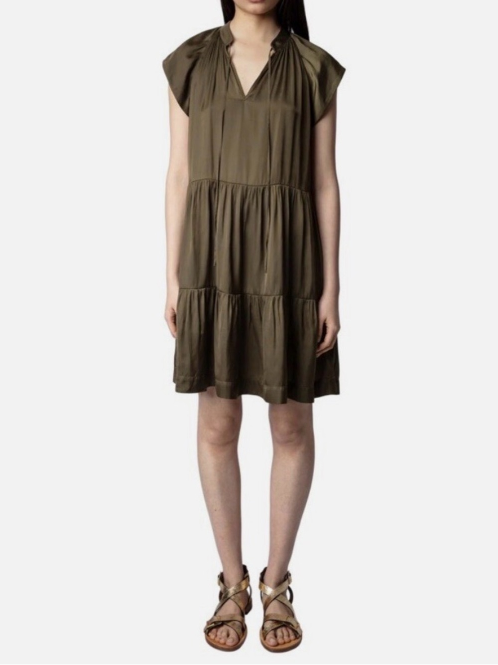 Zadig & Voltaire Satin Olive Tiered V-Neck Mini Dress